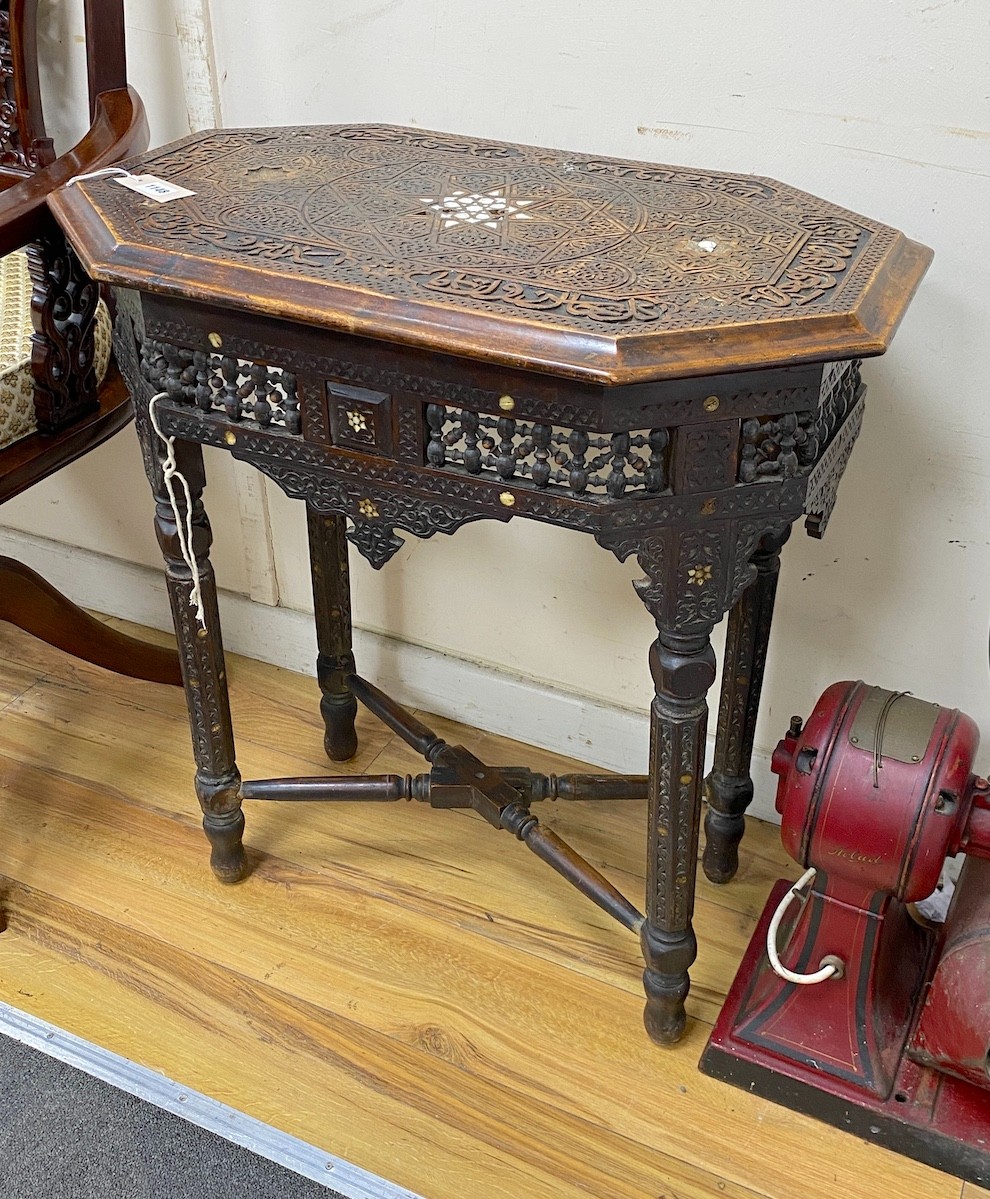 A Syrian carved wood and mother-of-pearl inlaid occasional table, early 20th century, height 78.5cm, width 72cm, depth 45cm